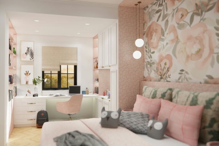 Aménagement studio 20m2 avec lit, bureau et chaise réunis dans une seule pièce lumineuse