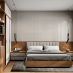 Chambre moderne avec un lit à cadre en bois et éclairage doux, pour bien choisir un lit coffre adapté à la pièce