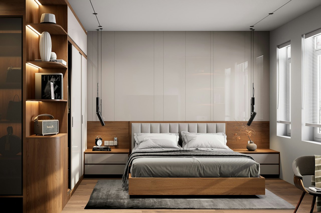 Chambre moderne avec un lit à cadre en bois et éclairage doux, pour bien choisir un lit coffre adapté à la pièce