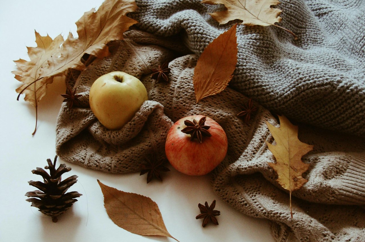 Composition d'automne avec pommes, feuilles mortes et pomme de pin, idée de déco automne à faire soi-même