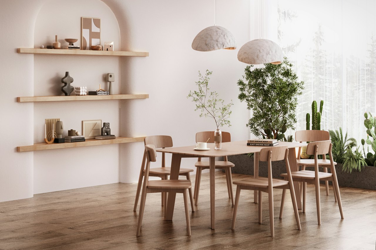 Pièce à la déco wabi sabi avec table en bois brut, chaises, étagères et plante en pot dans des tons naturels
