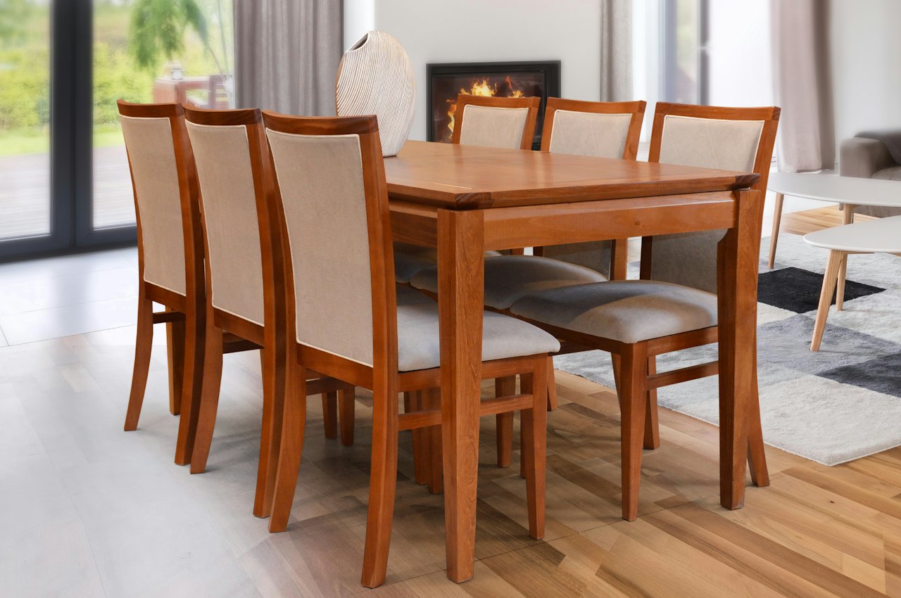 Table en bois entourée de six chaises rembourrées, exemple pour savoir comment choisir une chaise de salle à manger confortable